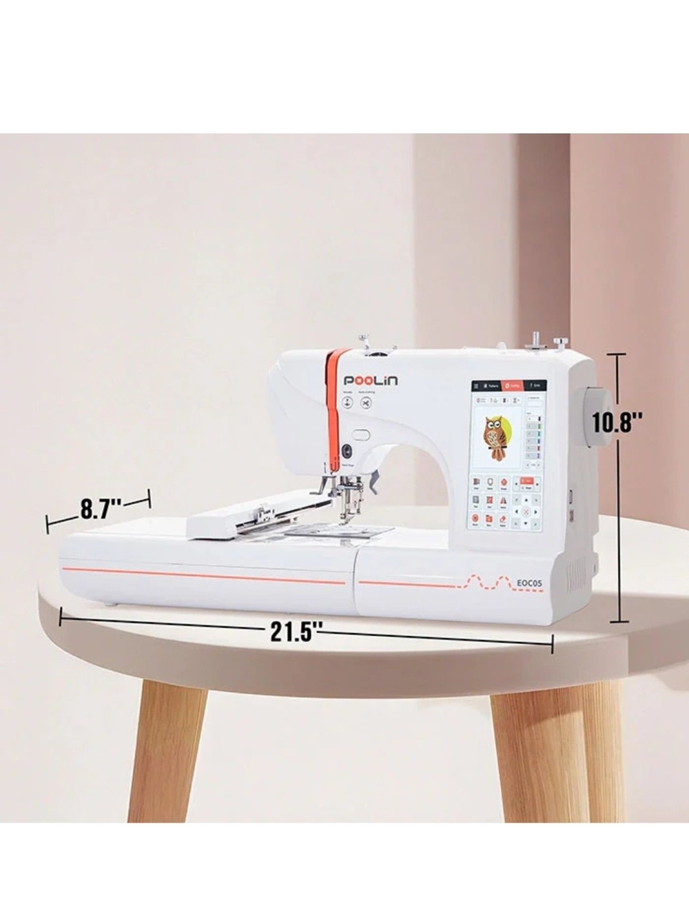 Poolin White Embroidery Sewing Machine with Orange Accent